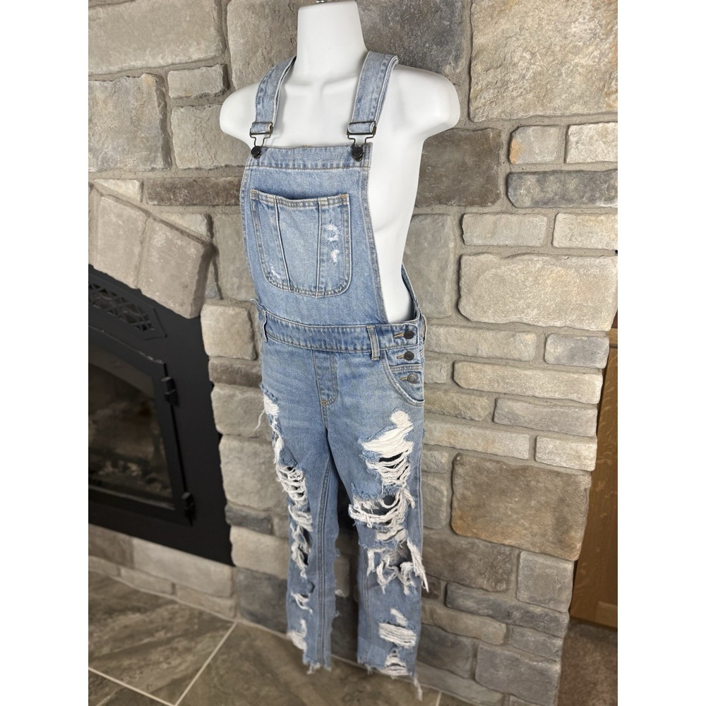 Cello Womens XS Ripped Denim Bib Overalls Light Wash Frayed Hem Distressed Jeans
